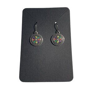 Round Dangle Hook Earrings Floral Design Silver Tone Boho Beach Core Gift Mom